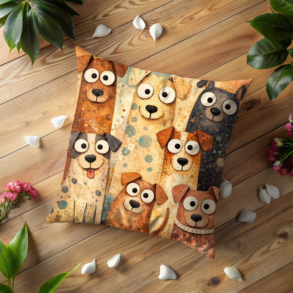 Cute Cartoon Dog Pillow Case | Whimsical Patchwork Puppy Throw Pillow Cover | Folk Art Animal Decor