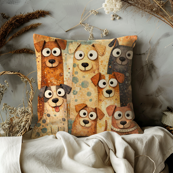 Cute Cartoon Dog Pillow Cover – Whimsical Patchwork Puppy  Cover | Folk Art Animal Decor