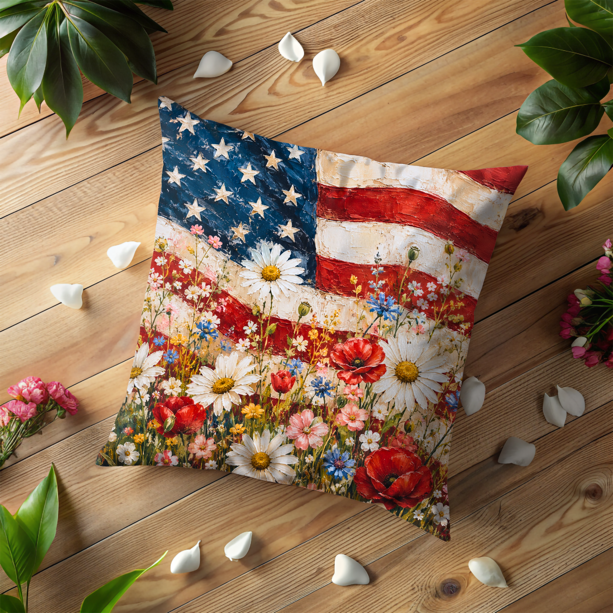 Patriotic American Flag Wildflowers Pillow Case | Red White Blue Poppy Daisy Throw Pillow Cover | 4th of July Memorial Day Home Decor