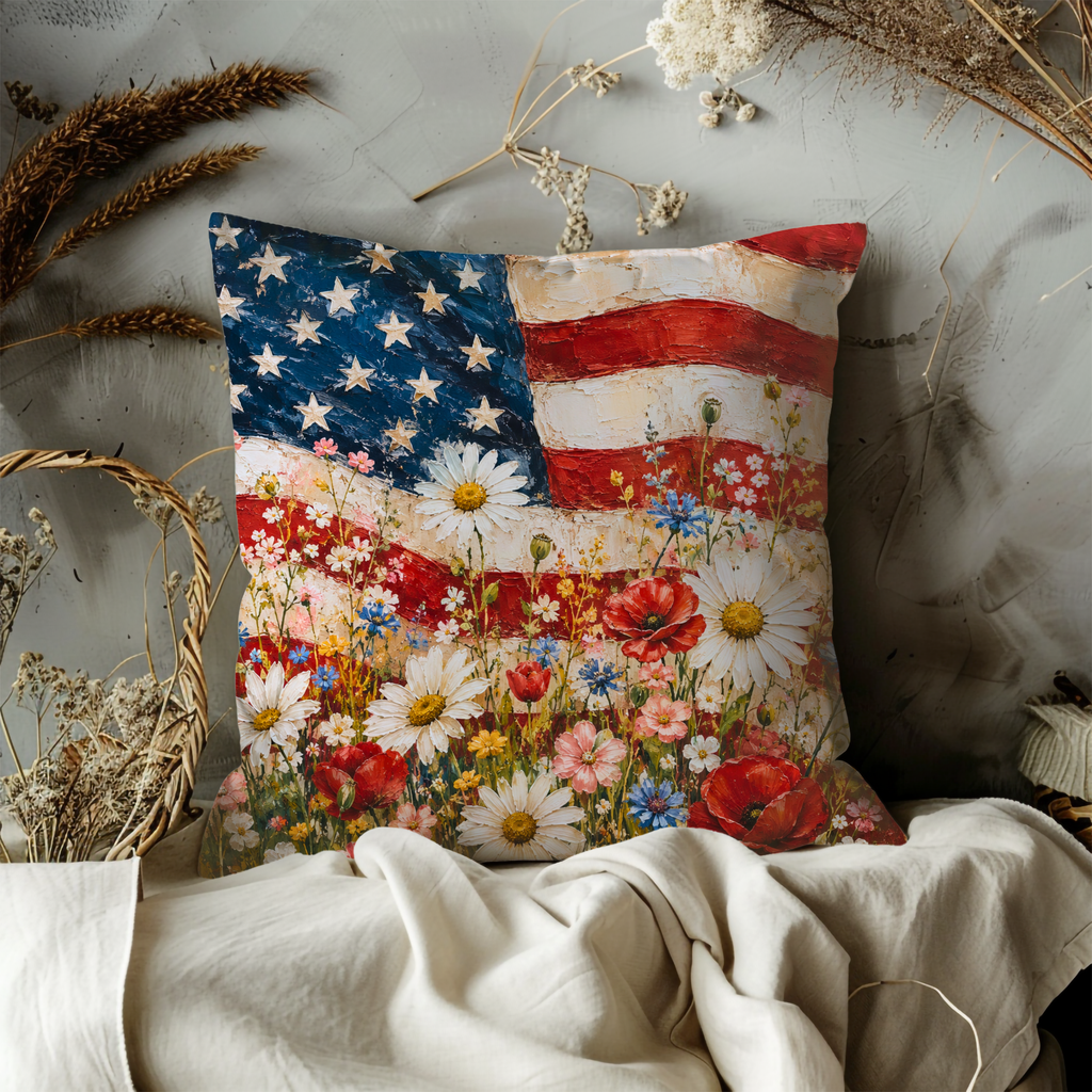 Patriotic American Flag Wildflowers Pillow Case | Red White Blue Poppy Daisy Throw Pillow Cover | 4th of July Memorial Day Home Decor
