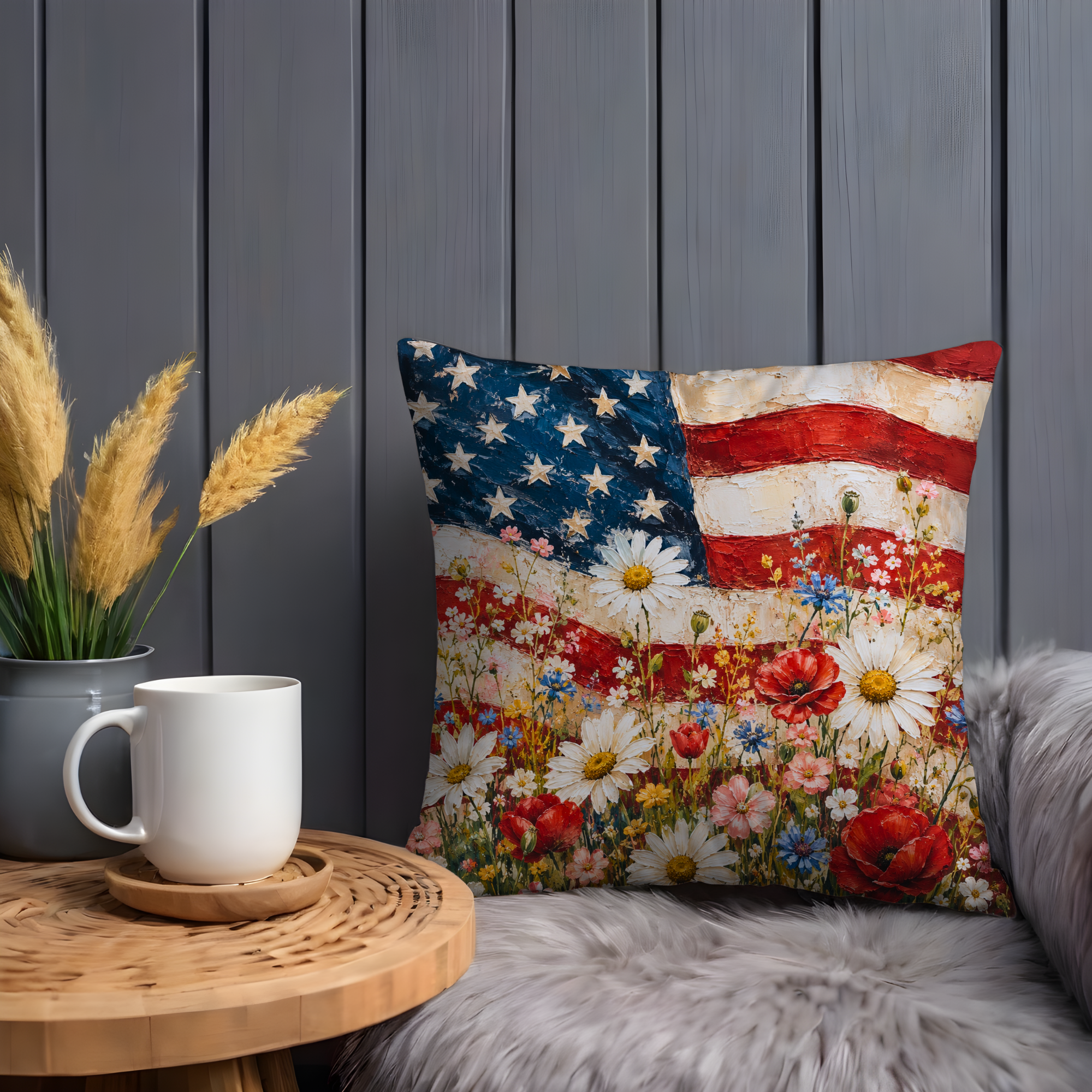 Patriotic American Flag Wildflowers Pillow Case | Red White Blue Poppy Daisy Throw Pillow Cover | 4th of July Memorial Day Home Decor