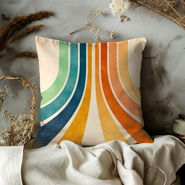 Rainbow Wavy Stripe Pillow Cover – Retro Colorful Abstract Art | Boho Decor