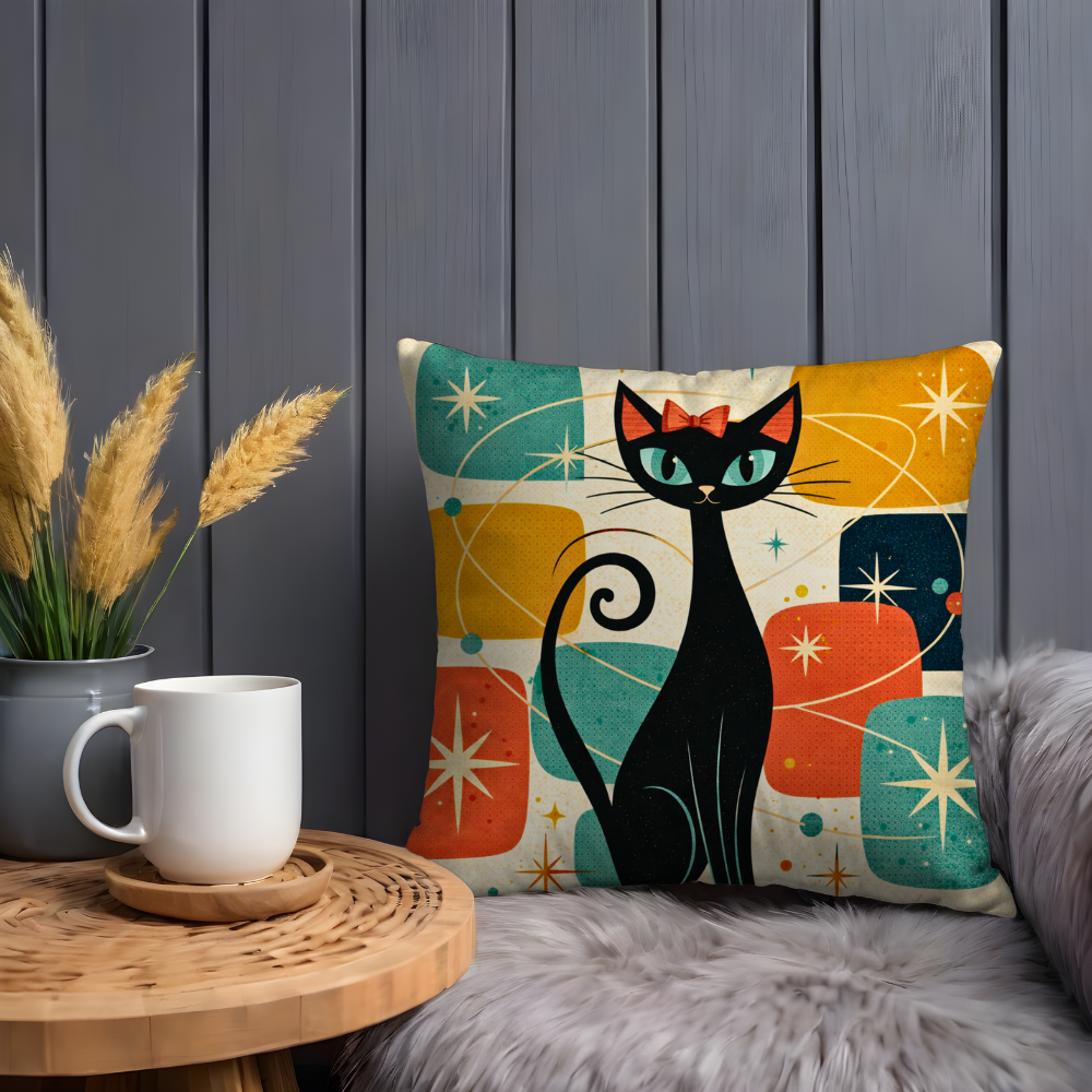 Retro Black Cat Pillow Case  | Mid Century Modern Cat with Bow Throw Pillow Cover | Vintage Boho Decor