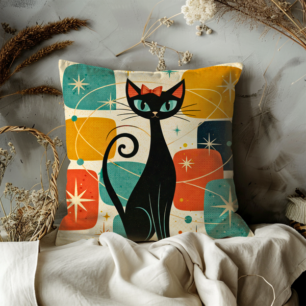 Retro Black Cat Pillow Cover – Mid Century Modern Cat with Bow | Vintage Boho Decor