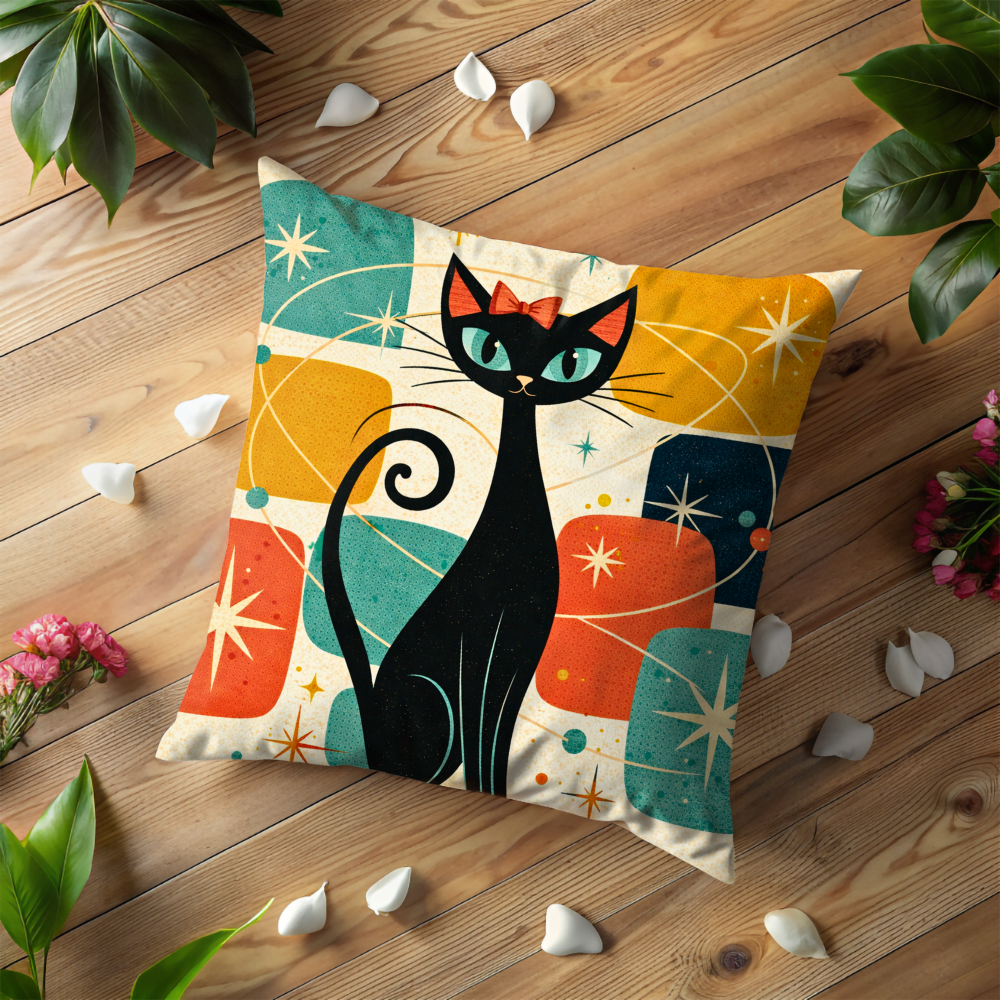 Retro Black Cat Pillow Case  | Mid Century Modern Cat with Bow Throw Pillow Cover | Vintage Boho Decor