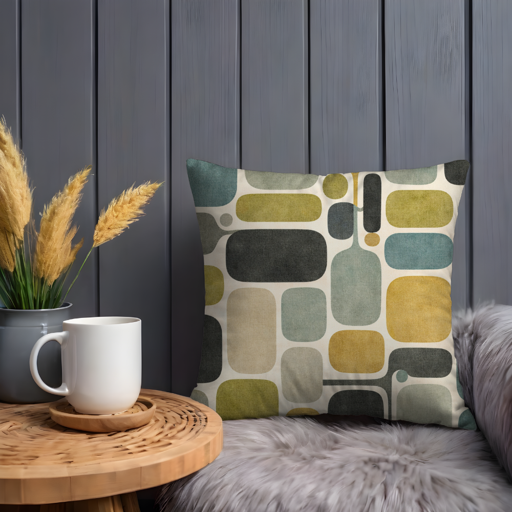 Mid-Century Modern Geometric Pillow Case, Retro MCM Mustard and Moss Green Decor, Abstract Shapes Cushion, Scandi Style Home Art Gift