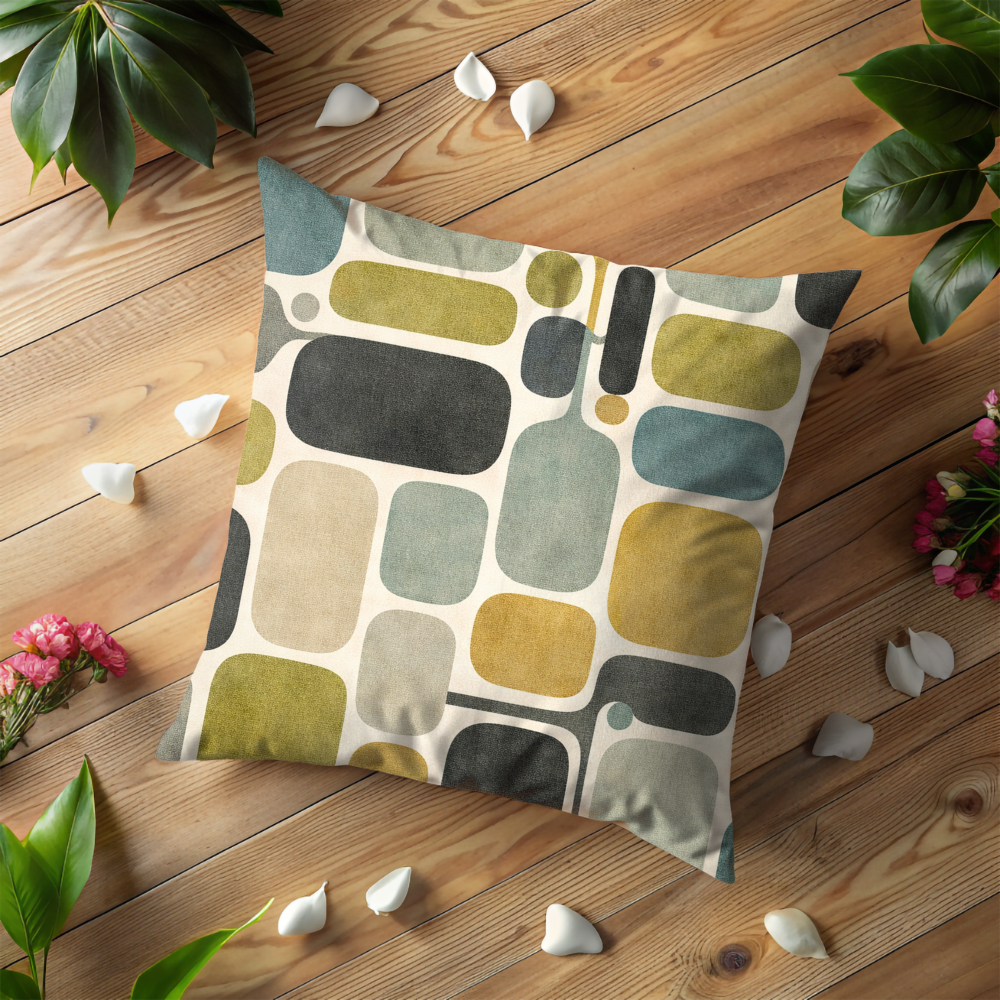 Mid-Century Modern Geometric Pillow Case, Retro MCM Mustard and Moss Green Decor, Abstract Shapes Cushion, Scandi Style Home Art Gift
