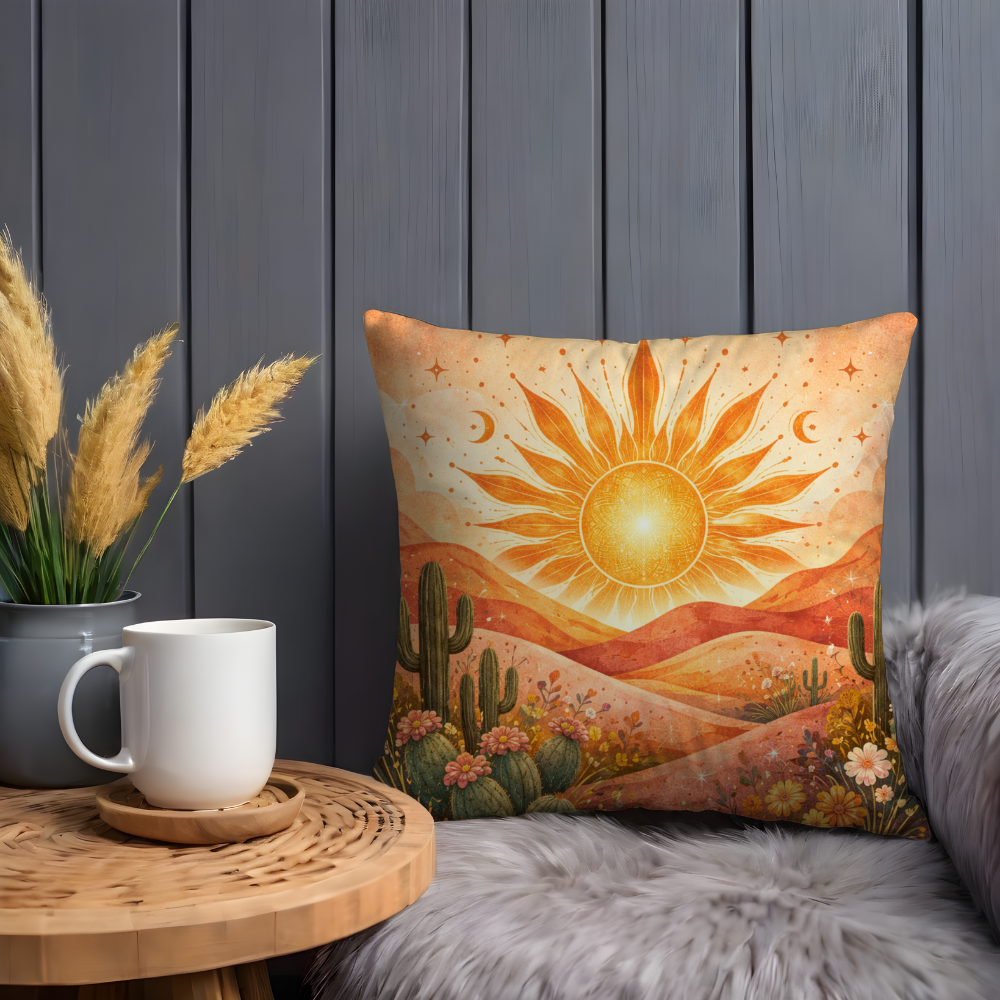 Mystical Desert Sun Pillow Case, Boho Mandala Spiritual Decor, Terracotta Cactus Landscape Cushion, Celestial Nature Gift, Home Art Decor
