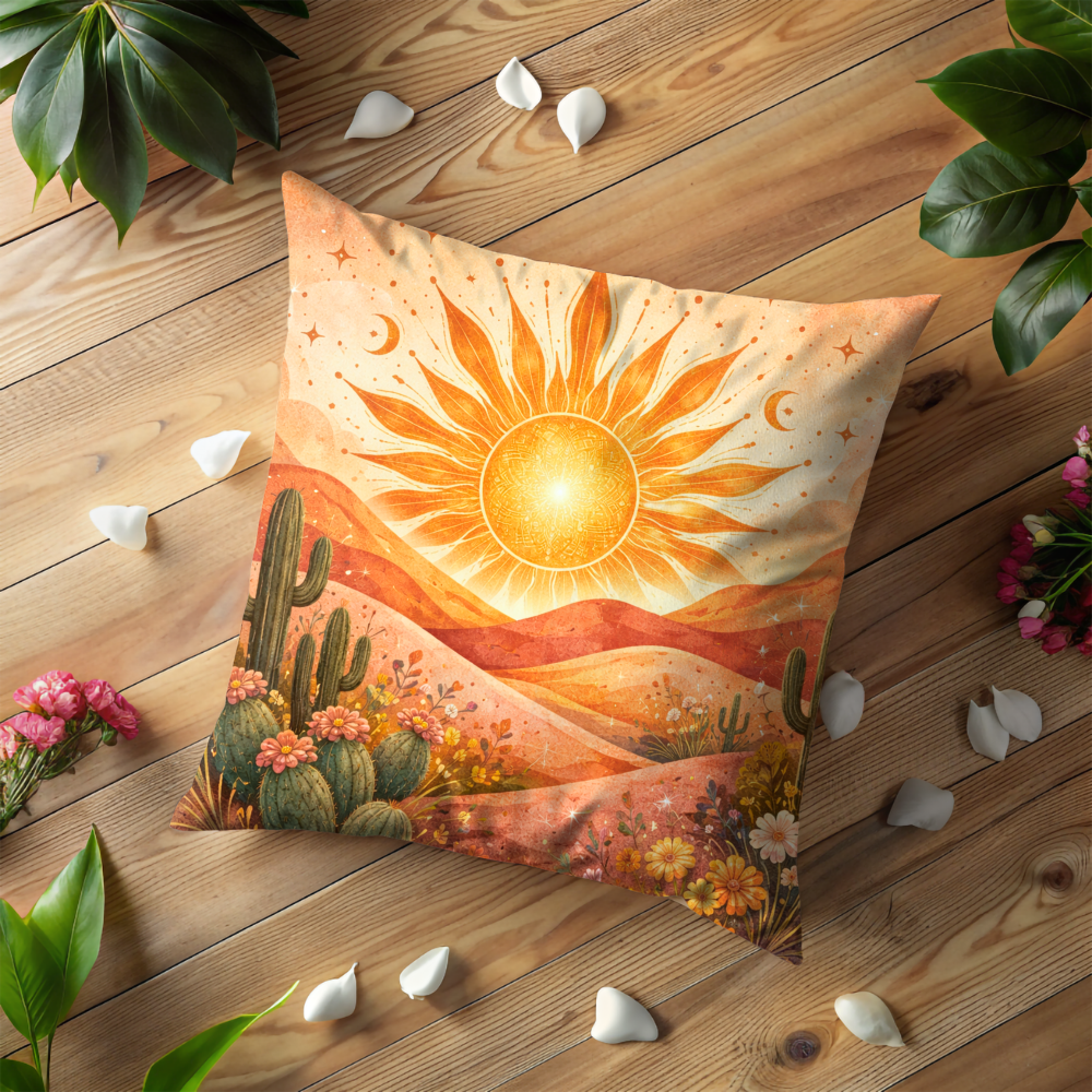Mystical Desert Sun Pillow Case, Boho Mandala Spiritual Decor, Terracotta Cactus Landscape Cushion, Celestial Nature Gift, Home Art Decor