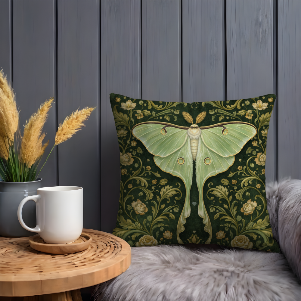 Luna Moth Pillow Case | Green Moth Floral Throw Pillow Cover | Dark Cottagecore Decor