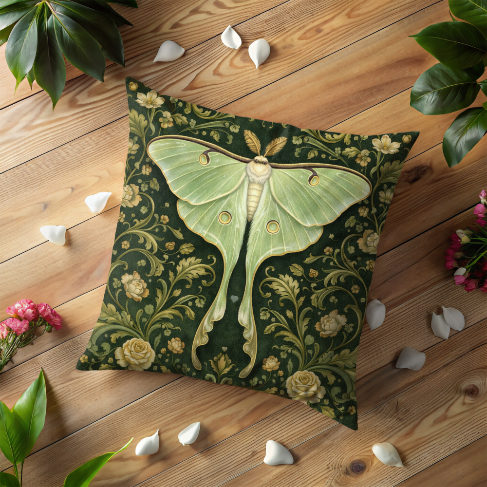 Luna Moth Pillow Case | Green Moth Floral Throw Pillow Cover | Dark Cottagecore Decor