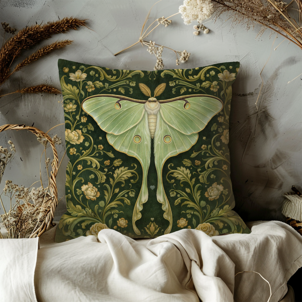 Luna Moth Pillow Case | Green Moth Floral Throw Pillow Cover | Dark Cottagecore Decor