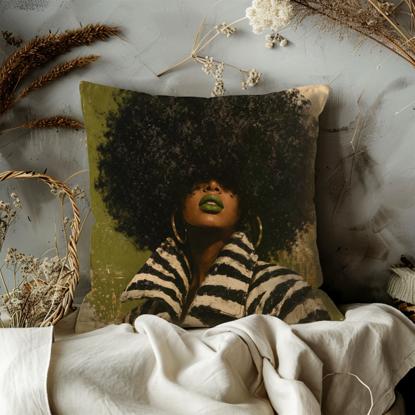 Afro Woman Green Lips Pillow Cover – Vintage Zebra Jacket Portrait  Cover | Bold Artistic Decor