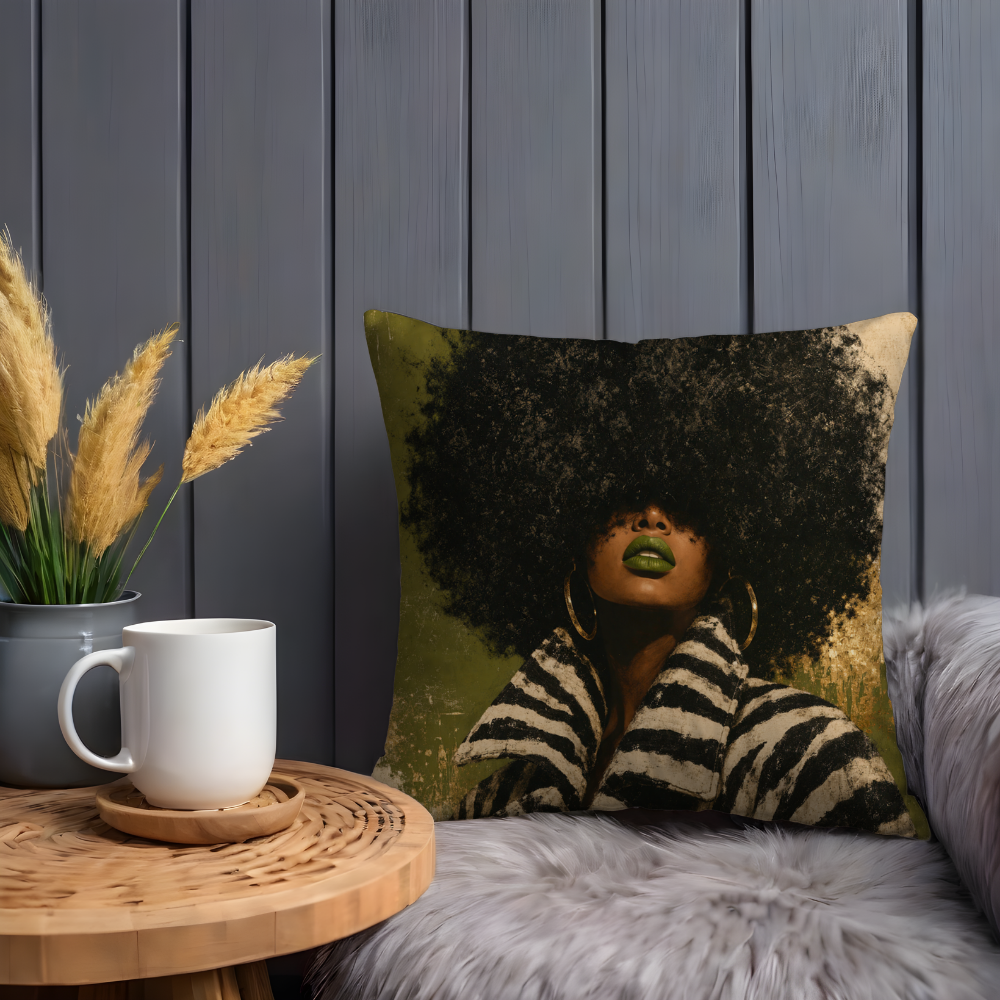 Afro Woman Green Lips Pillow Case | Vintage Zebra Jacket Portrait Throw Pillow Cover | Bold Artistic Decor