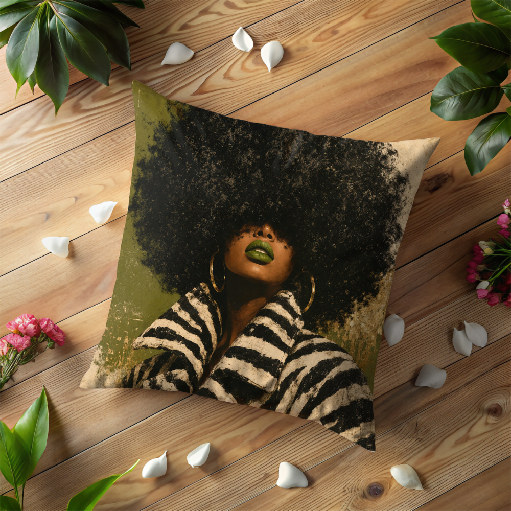 Afro Woman Green Lips Pillow Case | Vintage Zebra Jacket Portrait Throw Pillow Cover | Bold Artistic Decor