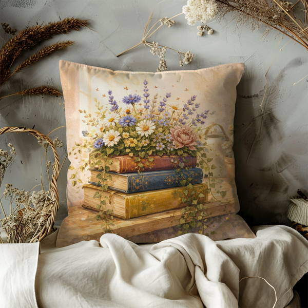 Books with Wildflowers Pillow Cover – Vintage Floral Book Stack  Cover | Cottagecore Decor