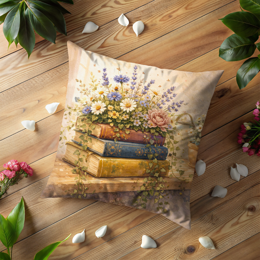 Books with Wildflowers Pillow Cover – Vintage Floral Book Stack  Cover | Cottagecore Decor