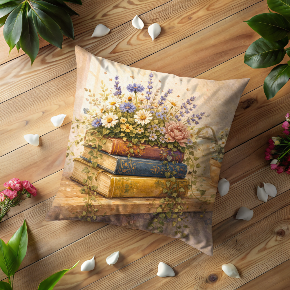Books with Wildflowers Pillow Case  | Vintage Floral Book Stack Throw Pillow Cover | Cottagecore Decor