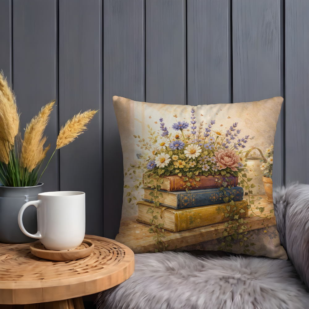 Books with Wildflowers Pillow Case  | Vintage Floral Book Stack Throw Pillow Cover | Cottagecore Decor
