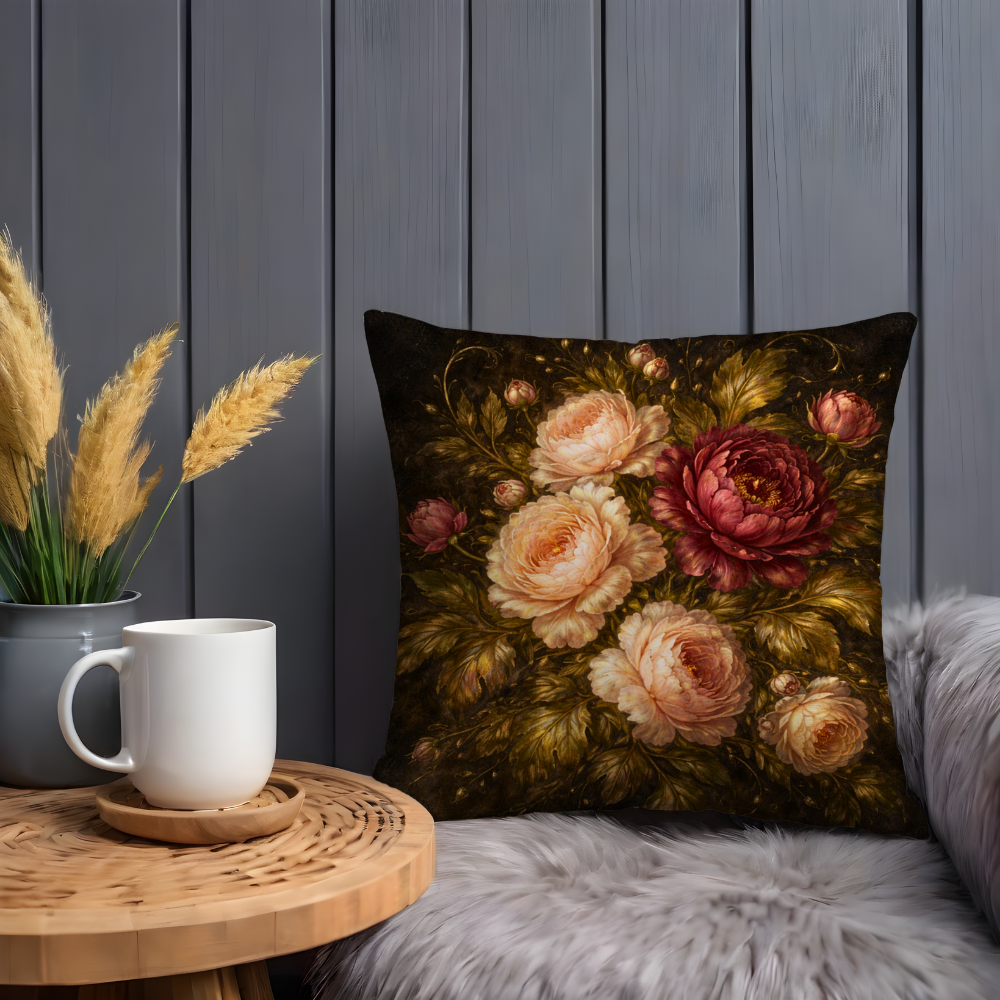 Vintage Dark Floral Peony Pillow Case, Moody Baroque Rose Decor, Dutch Master Botanical Cushion, Elegant Flower Art Gift, Home Decor Art