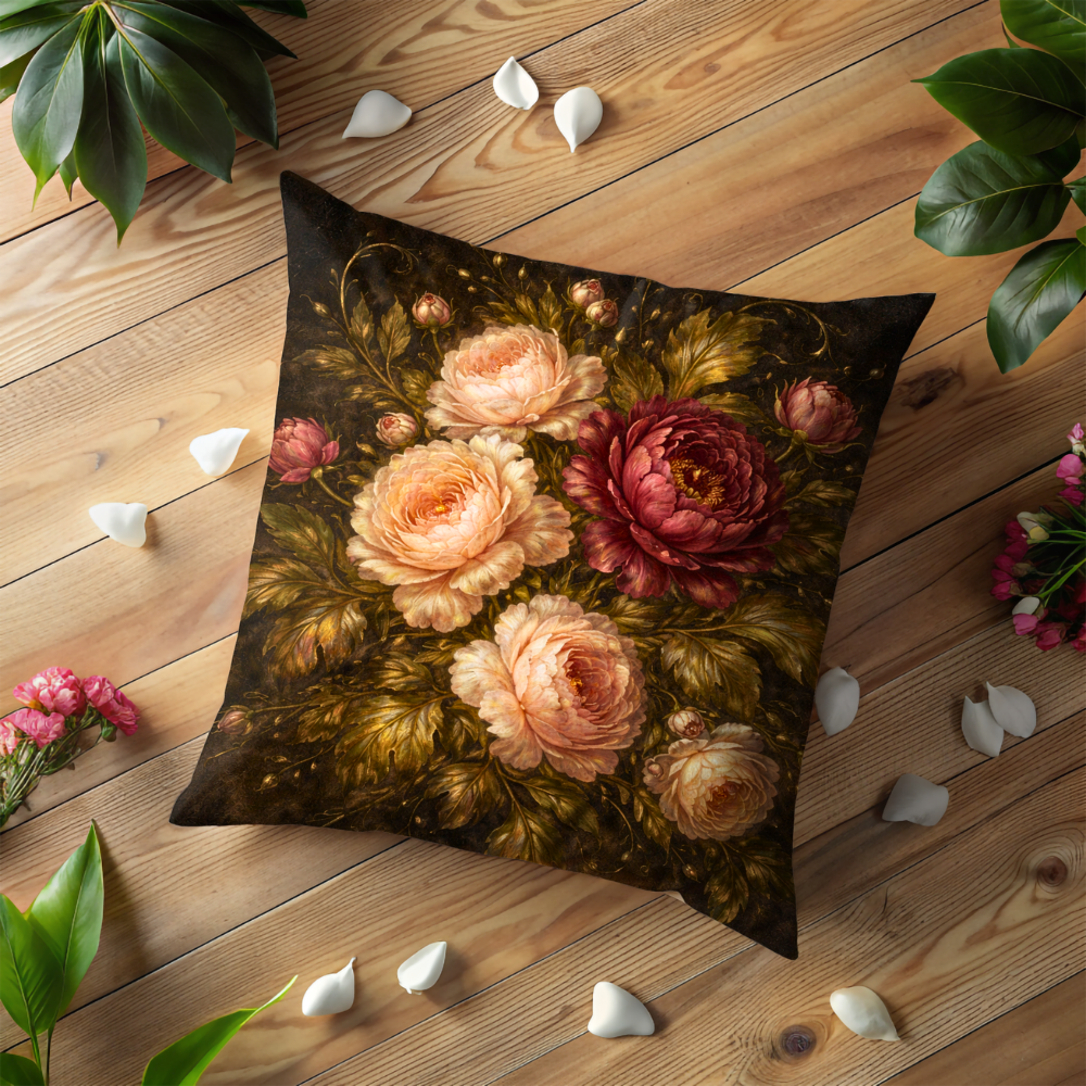 Vintage Dark Floral Peony Pillow Case, Moody Baroque Rose Decor, Dutch Master Botanical Cushion, Elegant Flower Art Gift, Home Decor Art