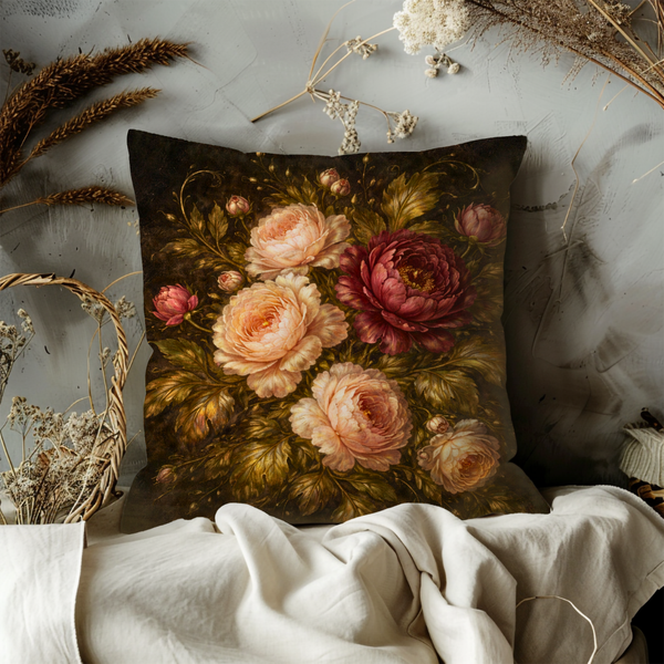 Vintage Dark Floral Peony Pillow Cover – Home Decor