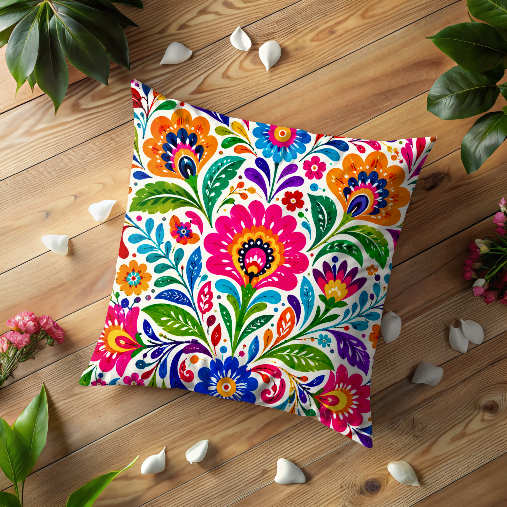 Folk Art Floral Pillow Case  | Colorful Mexican Throw Pillow | Vibrant Boho Decor