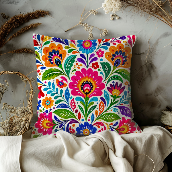 Folk Art Floral Pillow Case  | Colorful Mexican Throw Pillow | Vibrant Boho Decor