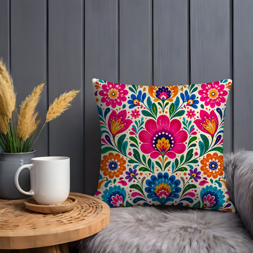 Folk Art Floral Pillow Case | Bright Mexican Throw Pillow | Vibrant Boho Decor