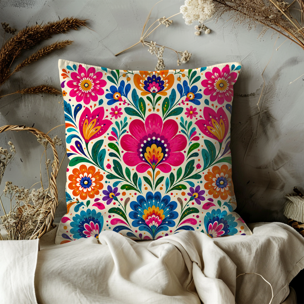 Folk Art Floral Pillow Case | Bright Mexican Throw Pillow | Vibrant Boho Decor