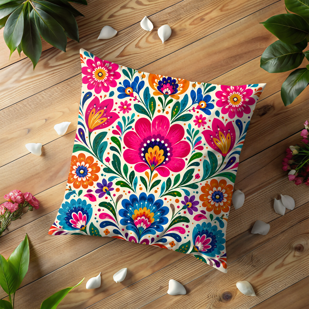 Folk Art Floral Pillow Case | Bright Mexican Throw Pillow | Vibrant Boho Decor