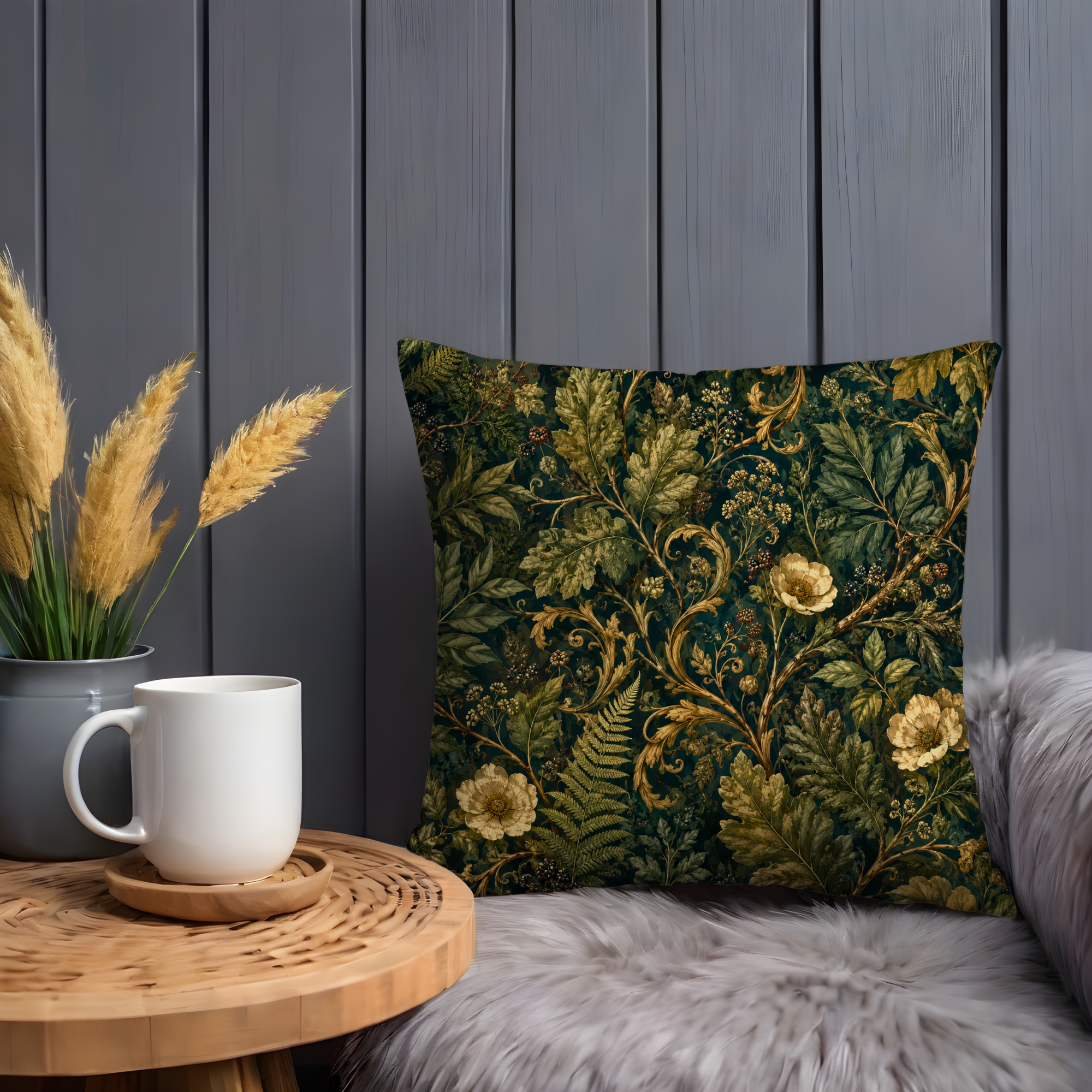 Ornate Fern Pillow Case | Dark Green Vintage Botanical Throw Pillow Cover | William Morris Decor