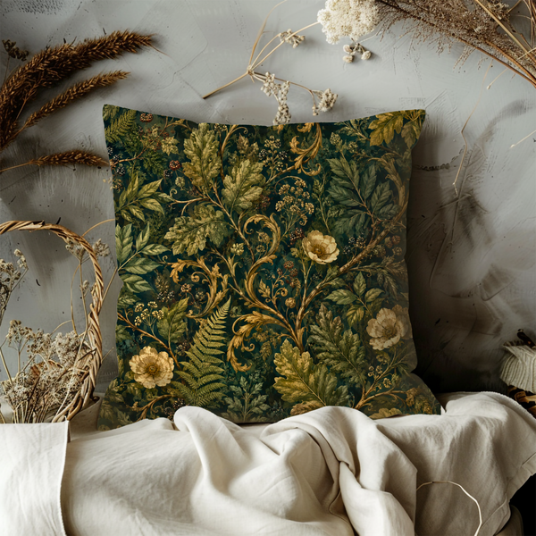 Ornate Fern Pillow Cover – Dark Green Vintage Botanical  Cover | William Morris Decor