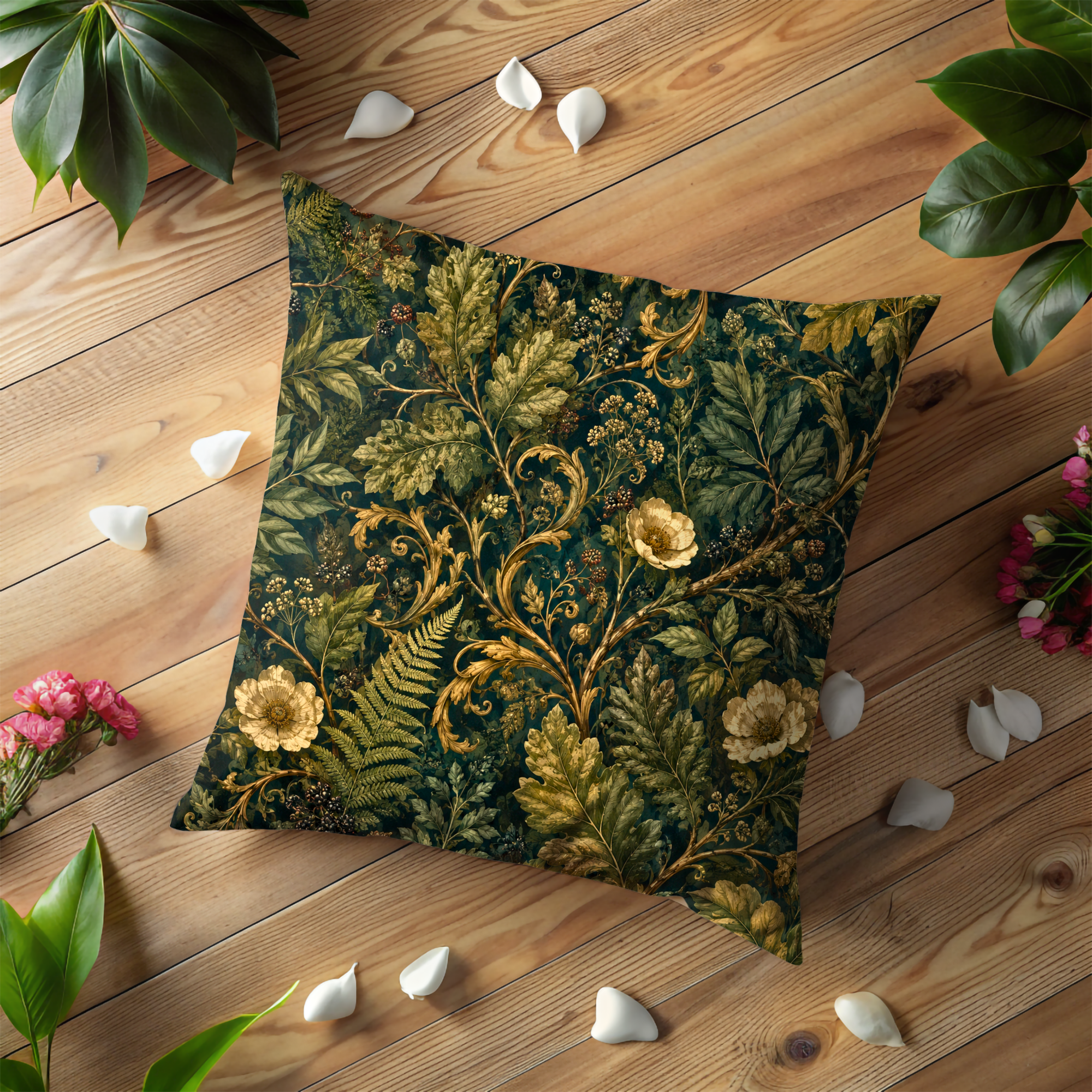 Ornate Fern Pillow Case | Dark Green Vintage Botanical Throw Pillow Cover | William Morris Decor