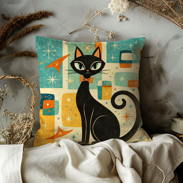 Retro Black Cat Pillow Cover – Mid Century Modern Cat  Cover | Vintage Boho Decor