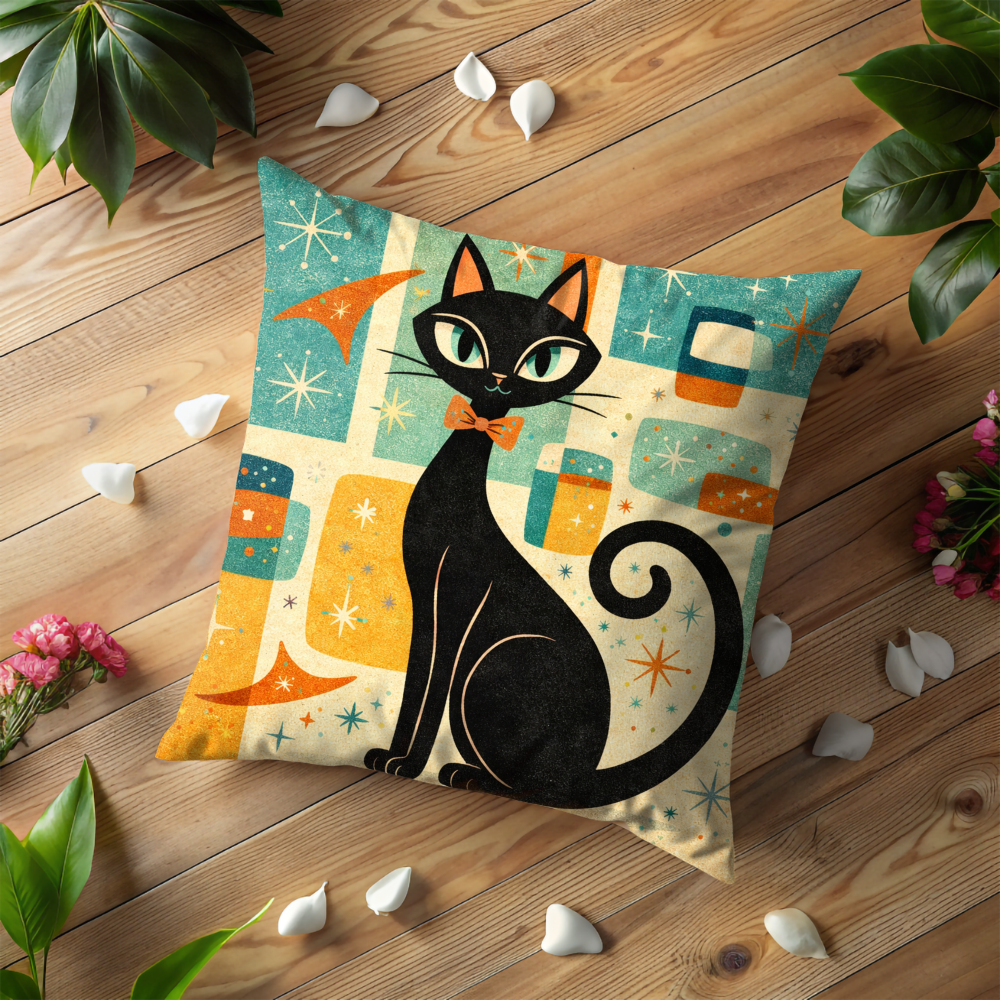 Retro Black Cat Pillow Case | Mid Century Modern Cat Throw Pillow Cover | Vintage Boho Decor