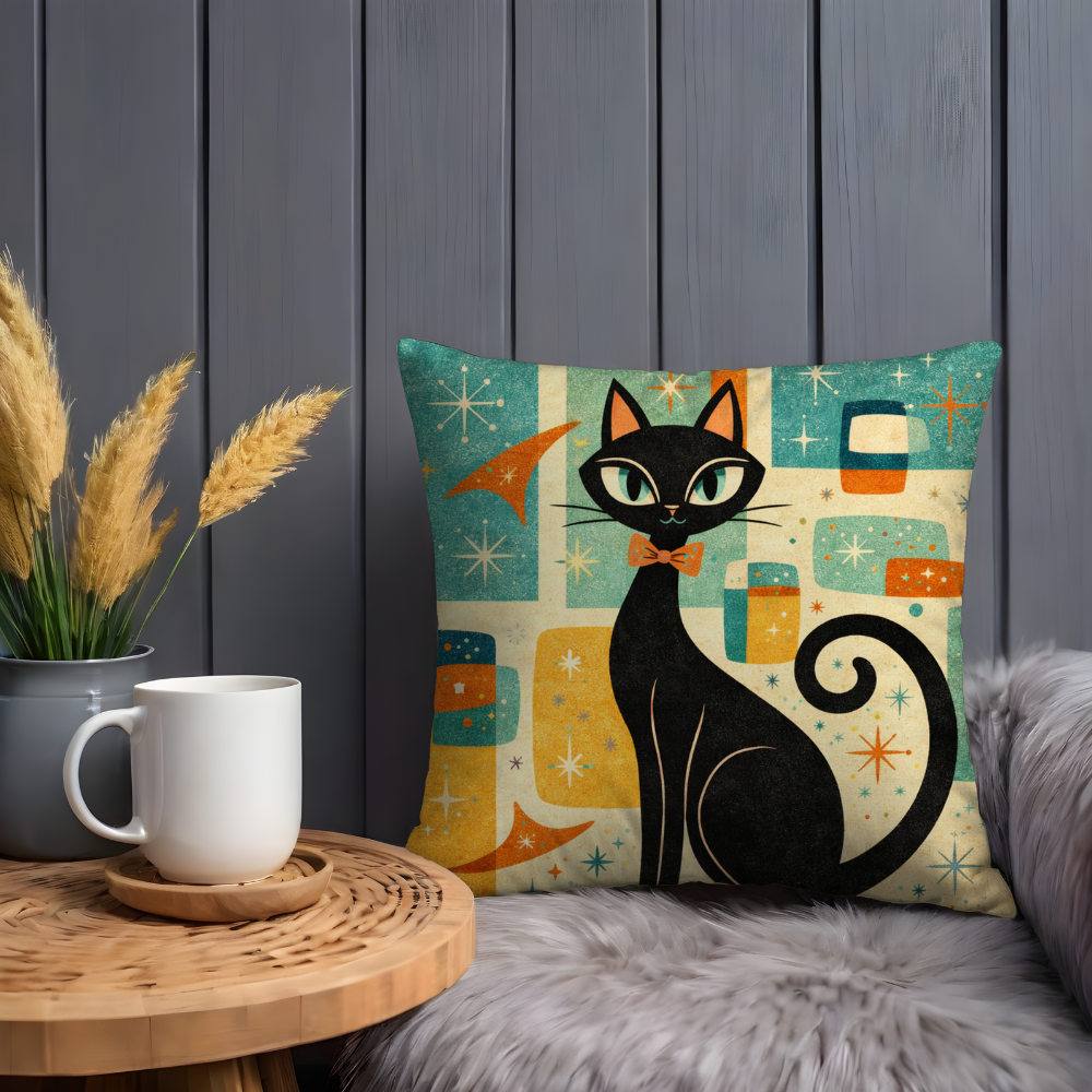 Retro Black Cat Pillow Case | Mid Century Modern Cat Throw Pillow Cover | Vintage Boho Decor