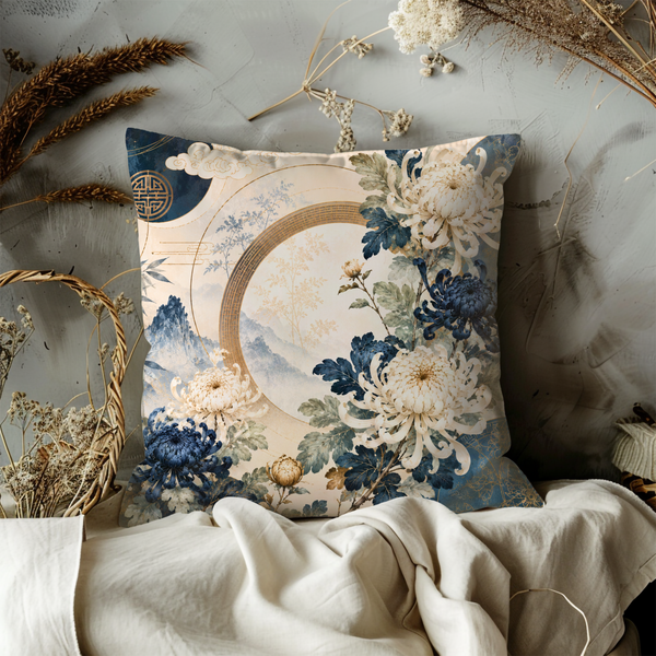 Chinoiserie Chrysanthemum Pillow Cover – Blue White Floral Moon Gate  Cover | Elegant Asian Decor