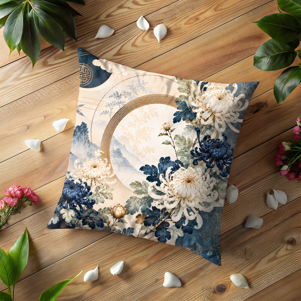Chinoiserie Chrysanthemum Pillow Case | Blue White Floral Moon Gate Throw Pillow Cover | Elegant Asian Decor