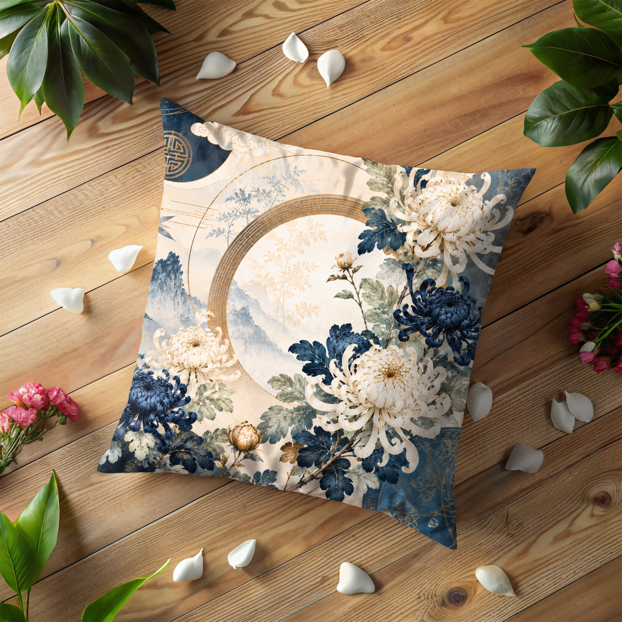 Chinoiserie Chrysanthemum Pillow Case | Blue White Floral Moon Gate Throw Pillow Cover | Elegant Asian Decor