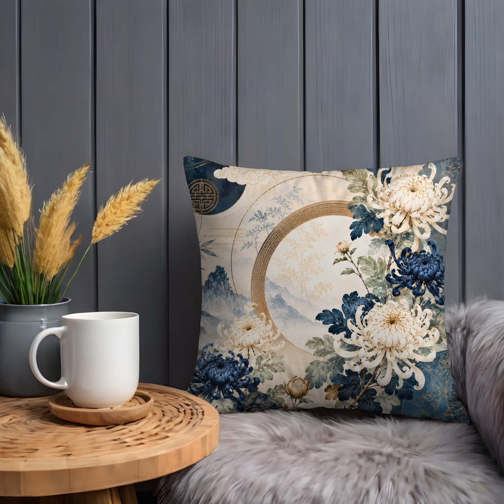 Chinoiserie Chrysanthemum Pillow Case | Blue White Floral Moon Gate Throw Pillow Cover | Elegant Asian Decor