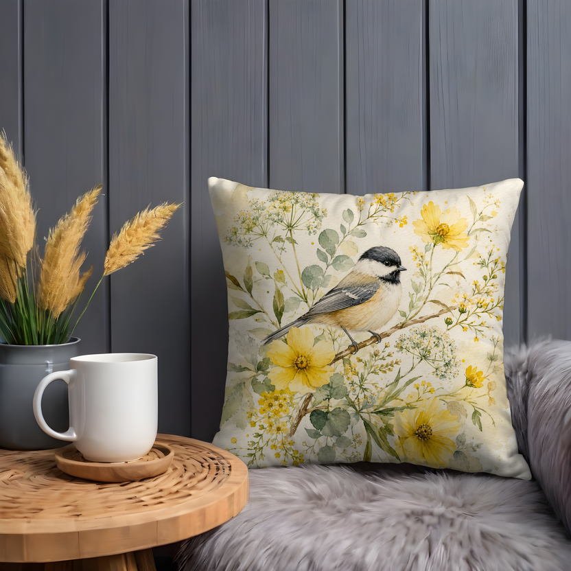 Watercolor Chickadee Pillow Cover – Yellow Wildflower Bird  Cover | Cottagecore Spring Decor
