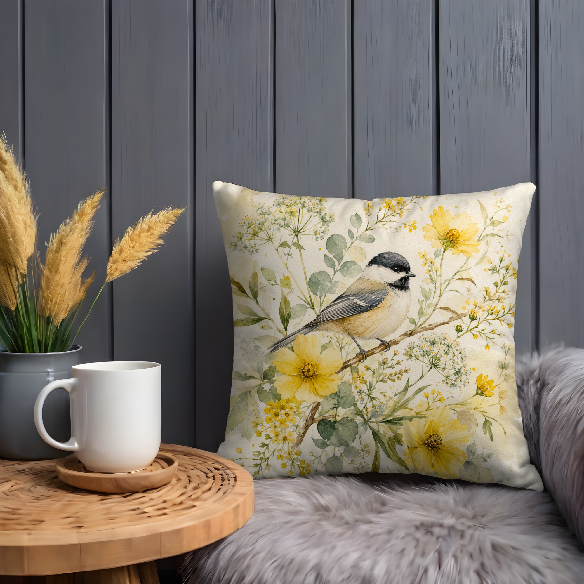 Watercolor Chickadee Pillow Case | Yellow Wildflower Bird Throw Pillow Cover | Cottagecore Spring Decor