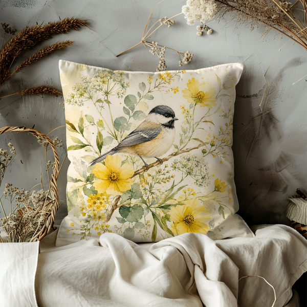Watercolor Chickadee Pillow Cover – Yellow Wildflower Bird  Cover | Cottagecore Spring Decor