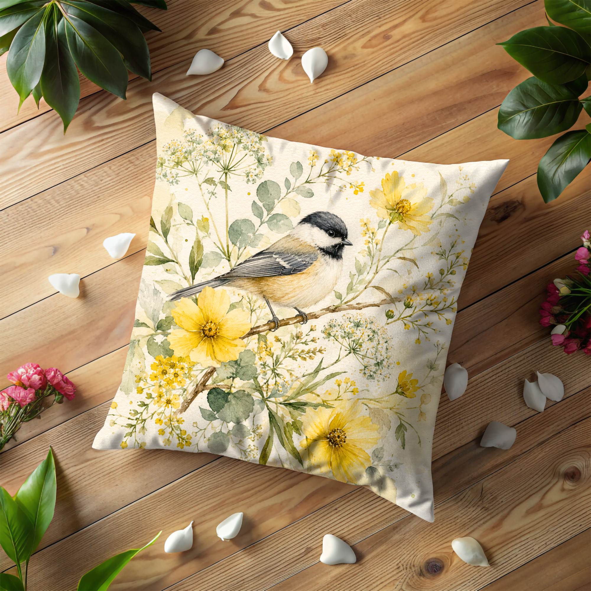 Watercolor Chickadee Pillow Case | Yellow Wildflower Bird Throw Pillow Cover | Cottagecore Spring Decor