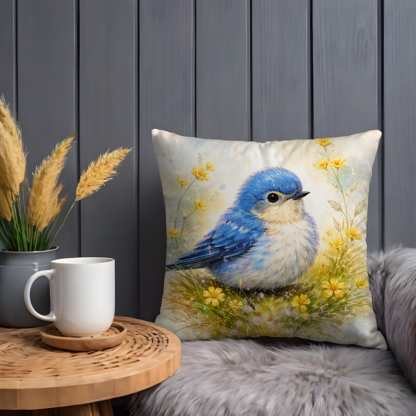 Blue Bird Pillow Cover – Watercolor Bluebird with Yellow Flowers | Cottagecore Decor