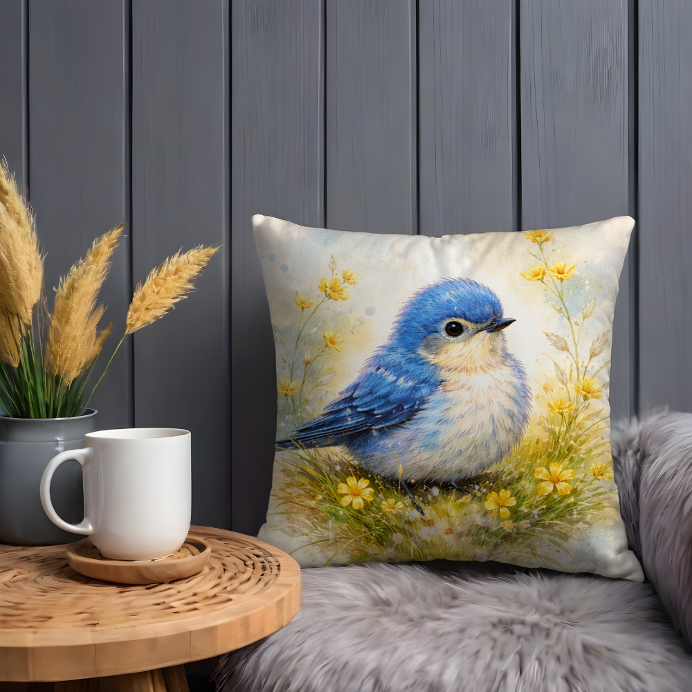 Blue Bird Pillow Case | Watercolor Bluebird with Yellow Flowers Throw Pillow Cover | Cottagecore Decor