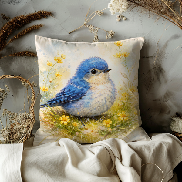 Blue Bird Pillow Cover – Watercolor Bluebird with Yellow Flowers | Cottagecore Decor