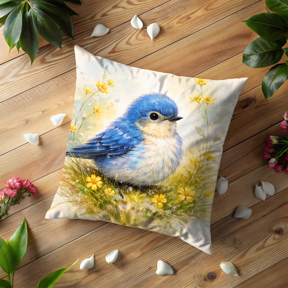 Blue Bird Pillow Case | Watercolor Bluebird with Yellow Flowers Throw Pillow Cover | Cottagecore Decor