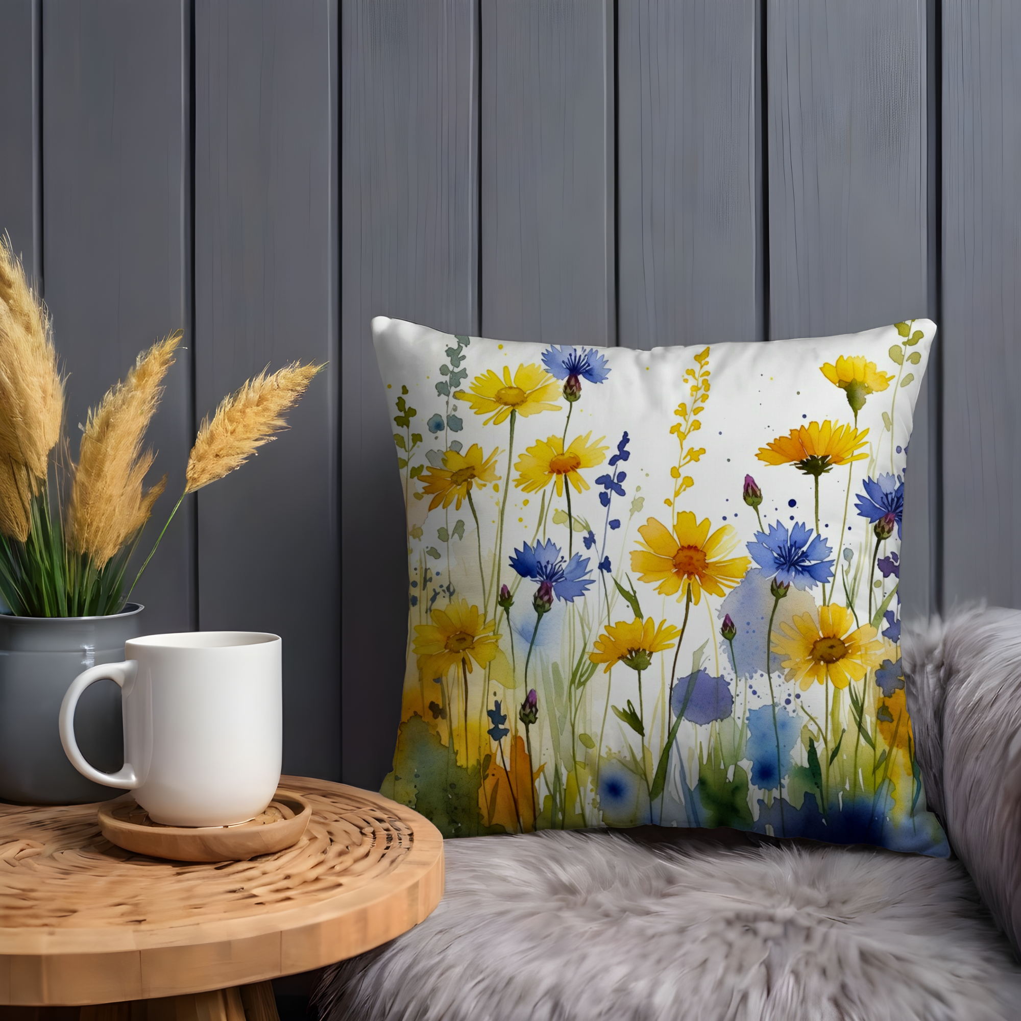 Wildflower Meadow Pillow Case | Vibrant Watercolor Floral Throw Pillow Cover | Garden Decor